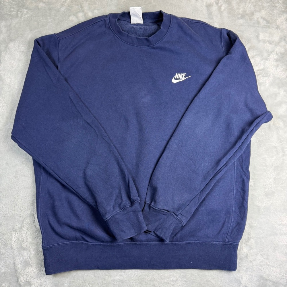 NIKE Mens M Navy Blue Fleece Crewneck Sweatshirt White Embroidered Swoosh Logo